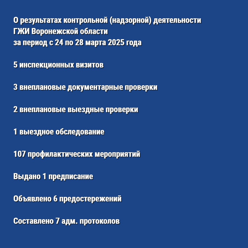 О результатах контрольной (надзорной) деятельности ГЖИ Воронежской области за период с 24 по 28 марта 2025 года