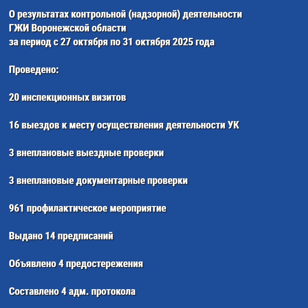 О результатах контрольной (надзорной) деятельности ГЖИ Воронежской области за период с 27 октября по 31 октября 2025 года